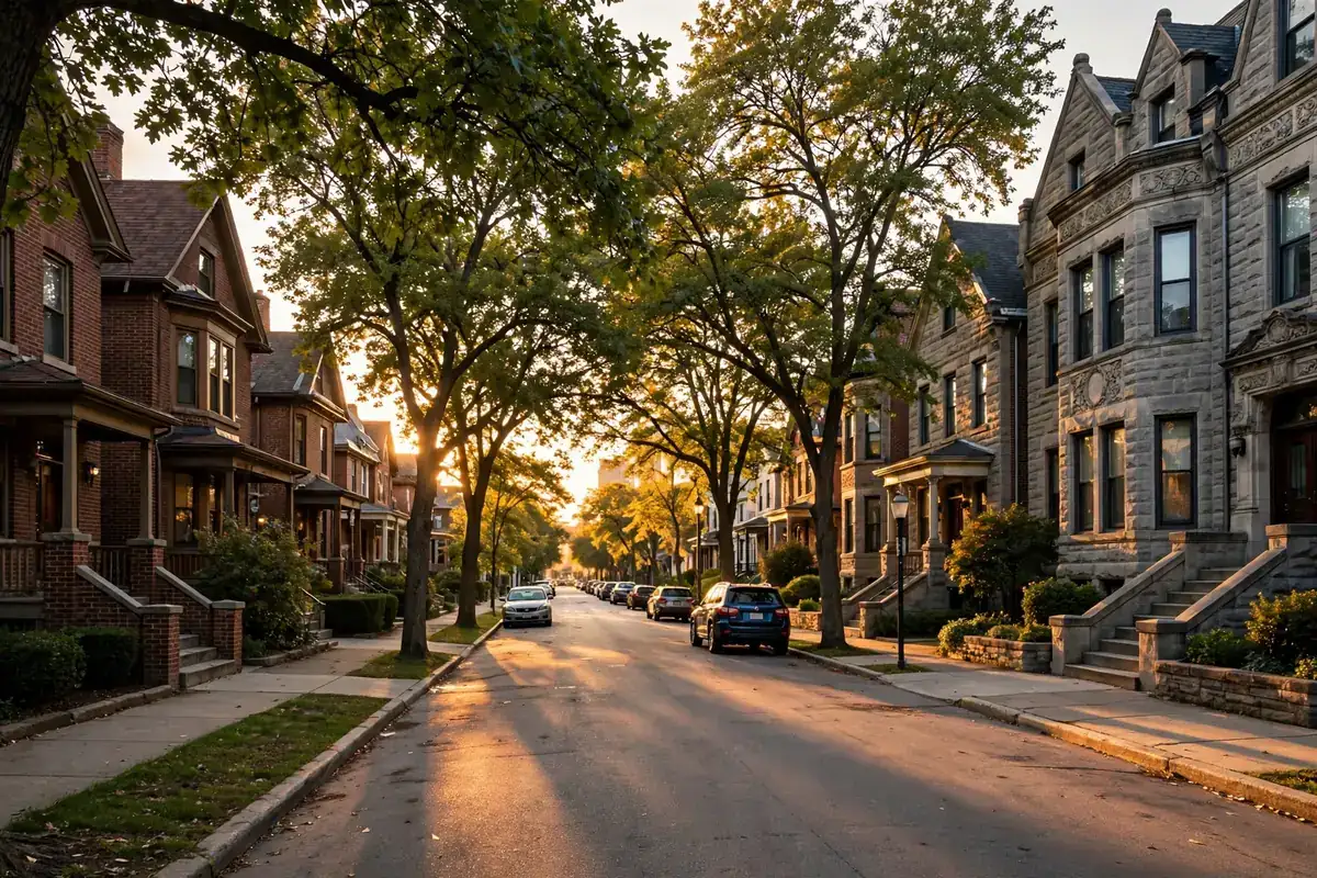 Classic Chicago residential street with brick homes